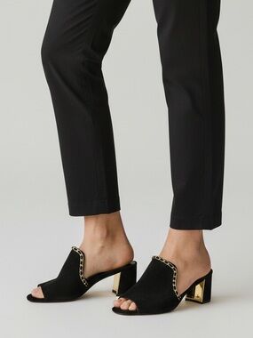 Karl Lagerfeld Black Suede Open-Toe Mules with Gold Accents 9